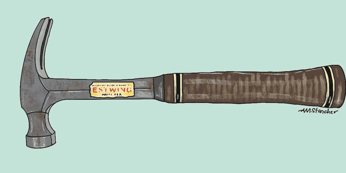 An illustration of a hammer with a label on it.