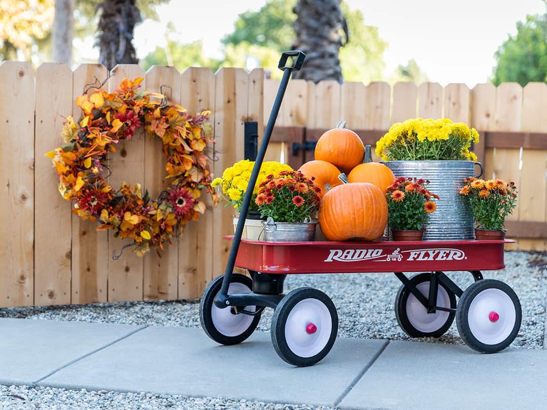 Pumpkin and flowers wagon