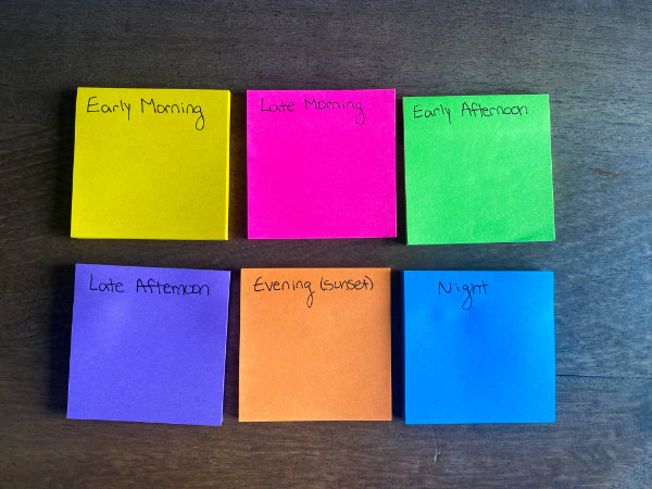 Color coded sticky notes with labels for the time of day