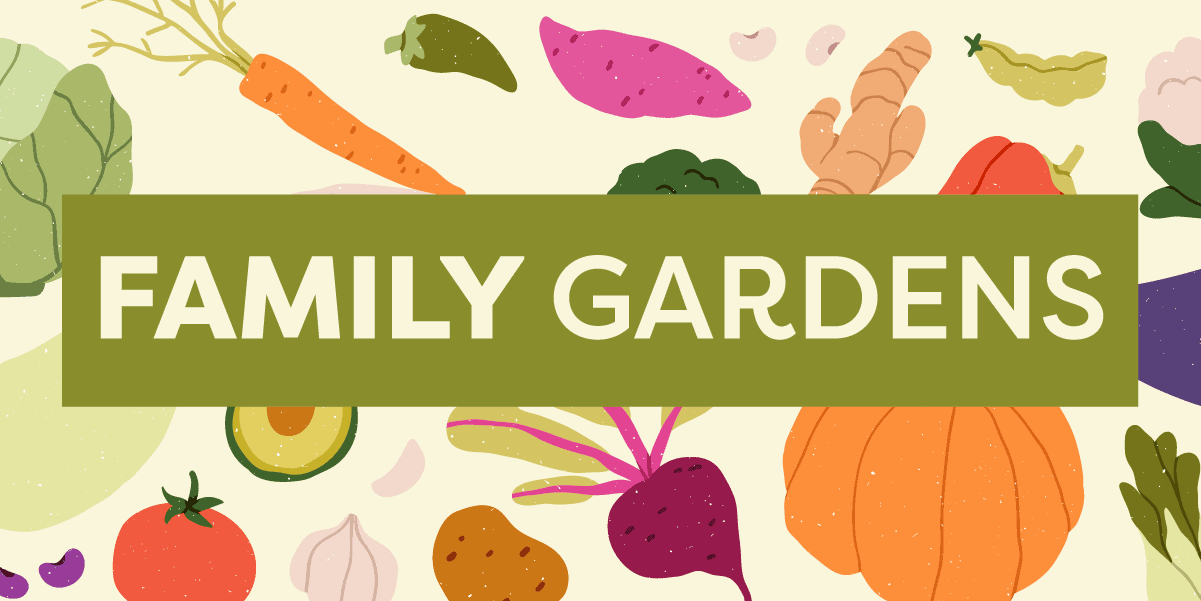 Family gardens logo with vegetables and fruits.