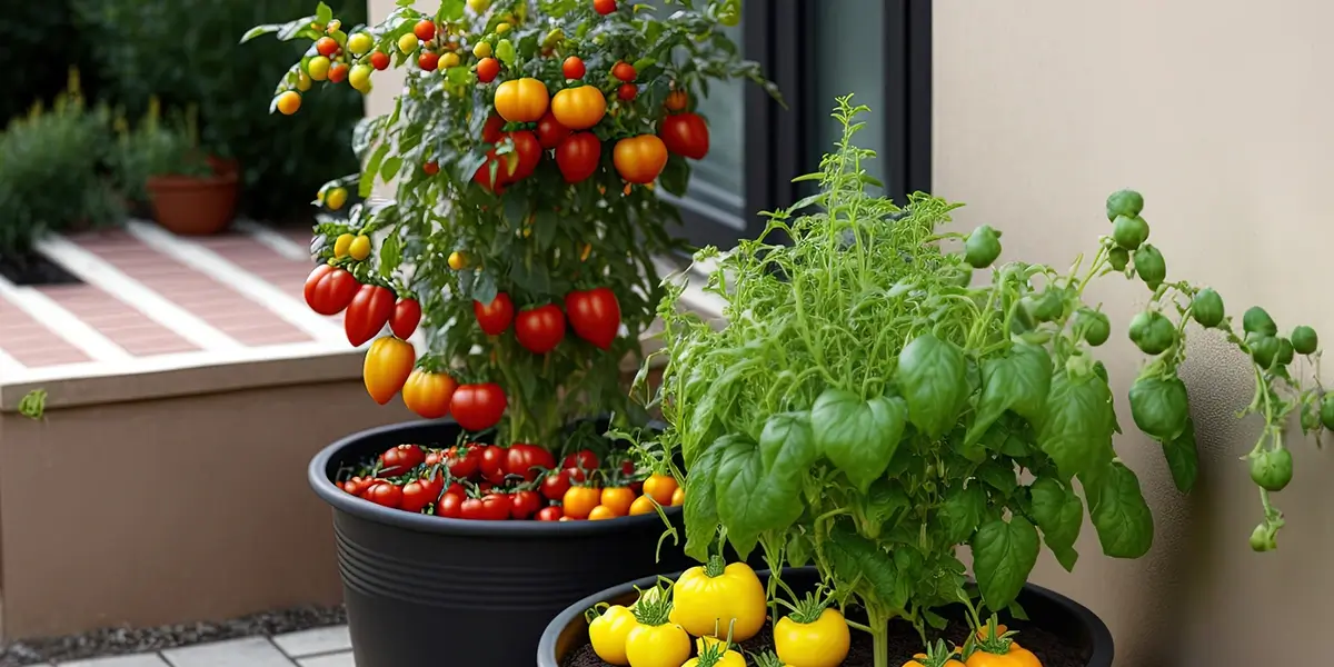 Tomatoes and basil growing in containers
