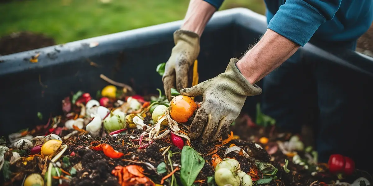 A man puts vegetables into a compost bin.