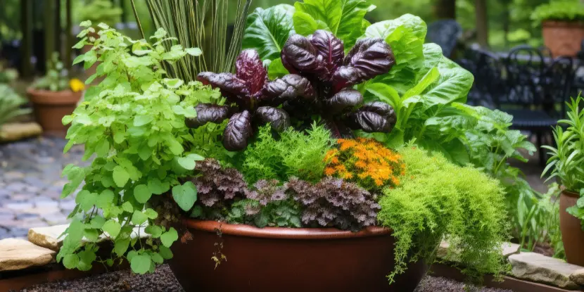Container-grown herbs and leafy greens.