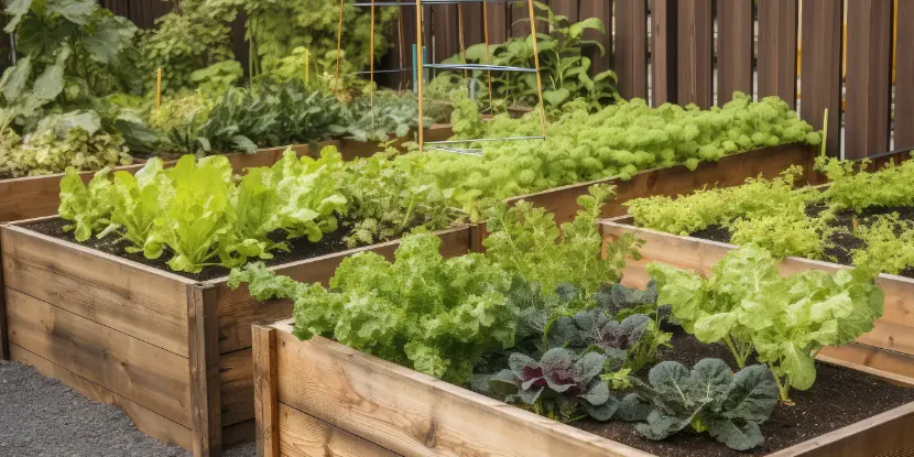 Raised gardens with healthy vegetable plants