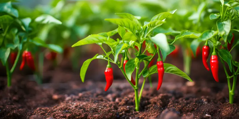 Young hot pepper plants in a garden
