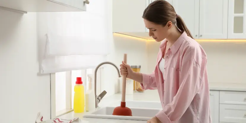 A woman plunging a washroom sink