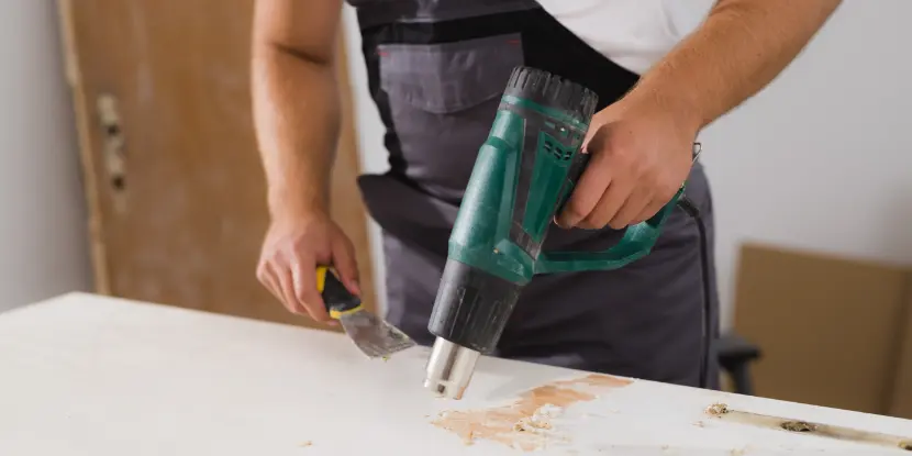 A DIYer stripping paint with a heat gun