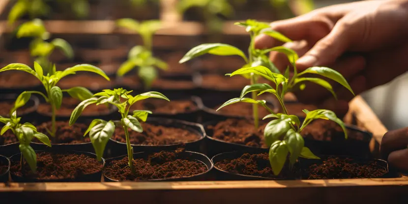 Young bell pepper plants in containers