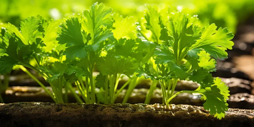 Young celery plants growing in rows