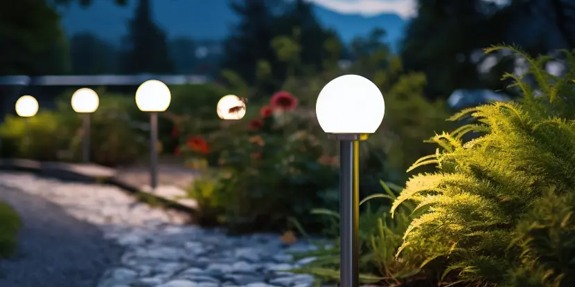 Solar-powered lights along a pathway