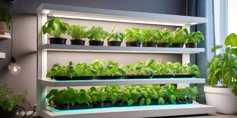A hydroponic garden organized on shelves