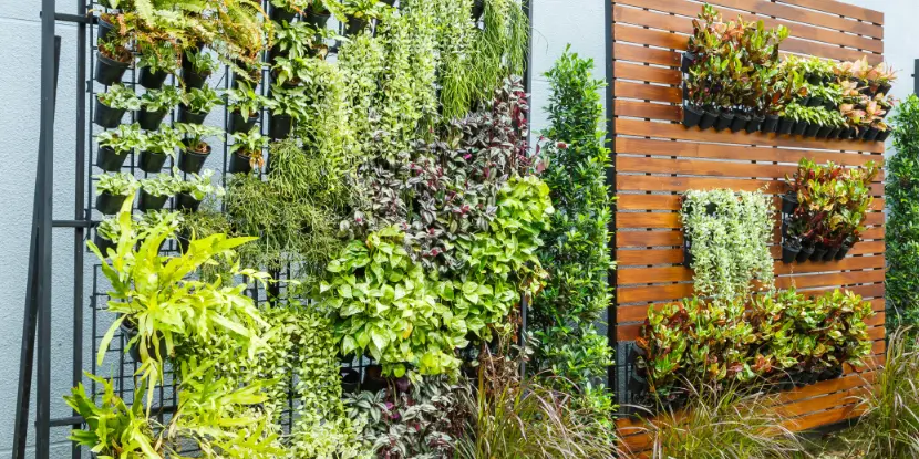 A metal-frame vertical and palette garden side-by-side