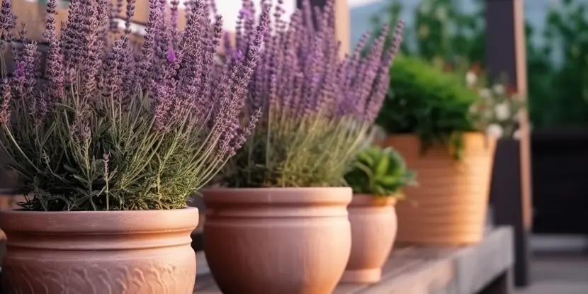 Potted lavender plants on a porch bench