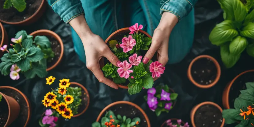 A woman potting flowers