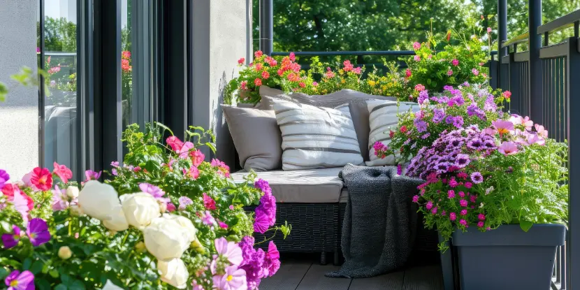 An outdoor seating area complemented by flowering plants