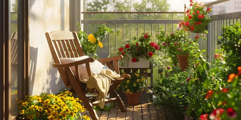 A balcony with potted plants