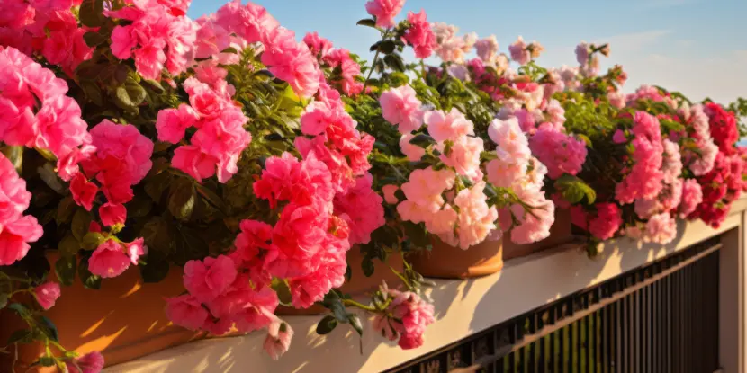 Container-grown flowers on the railing of a porch