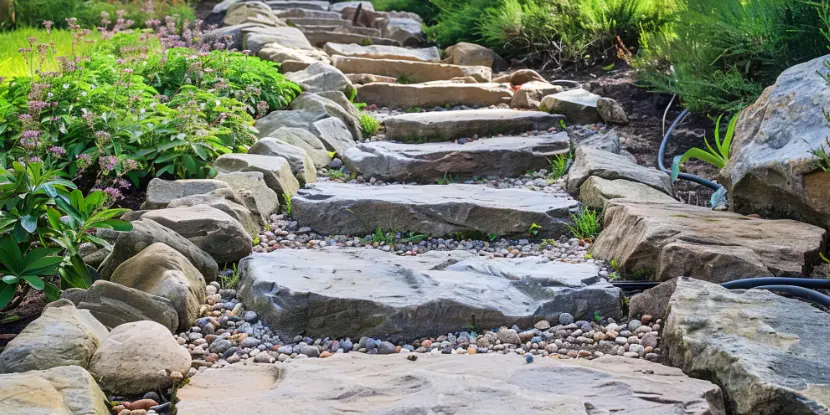 A beautiful stone staircase with gravel fill