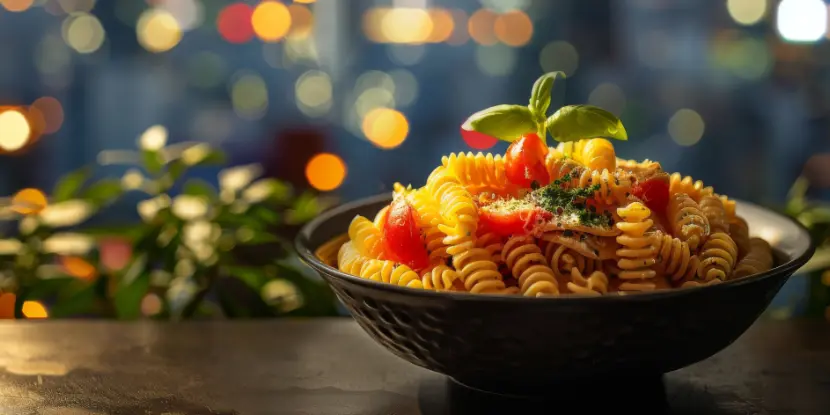 A delicious and healthy pasta dish with fresh cherry tomatoes and basil