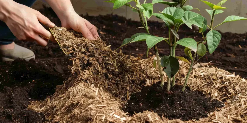 Woman applying a bed of mulch