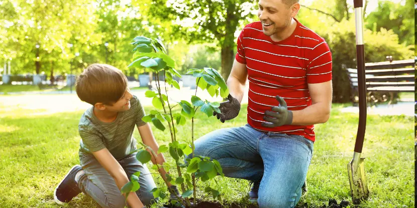 A father and son plant a tree together.