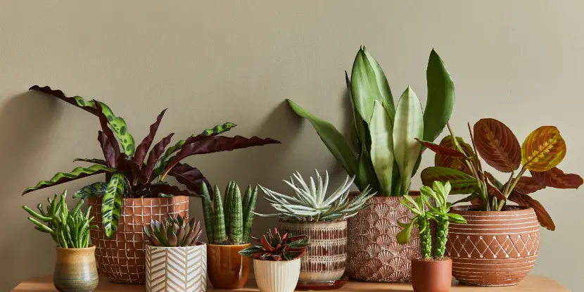 A collection of snake plants, tropical succulents, and more