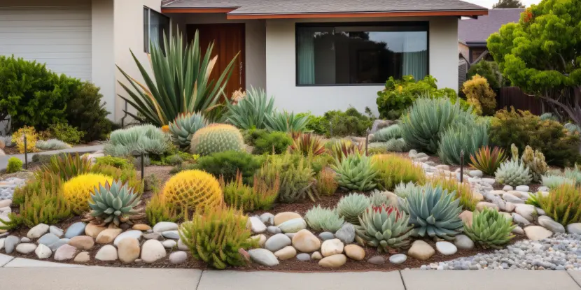 A modern home with a xeriscaped front yard
