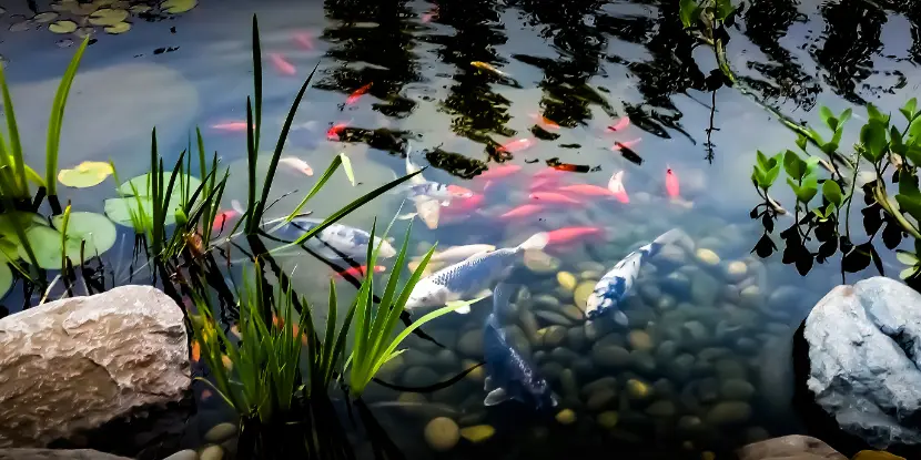 A pond with Child watering flowers