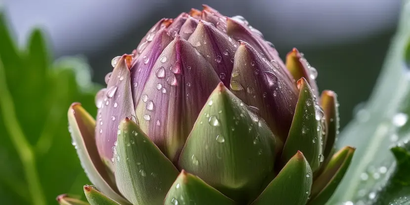 The purplish bud of an heirloom artichoke