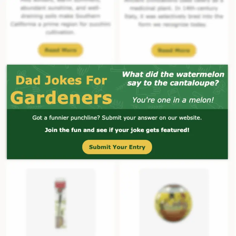 Promotional graphic with a gardening dad joke 