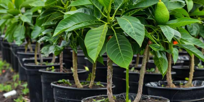 Young potted avocado trees