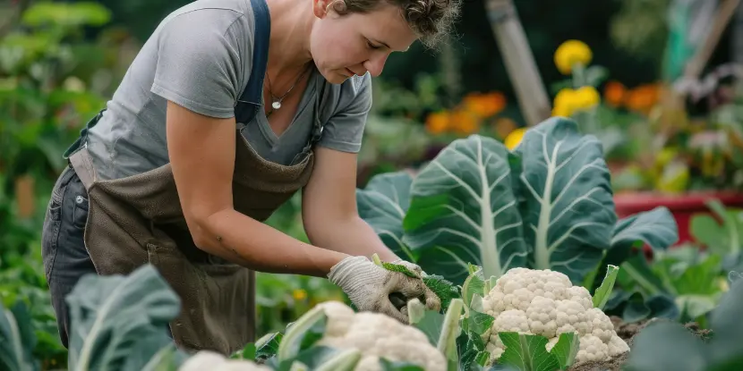 Checking a cauliflower plant for pests