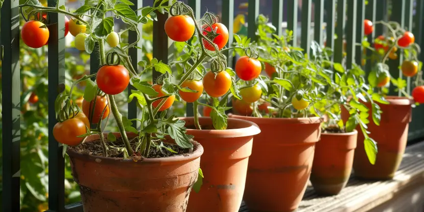 Potted cherry tomato plants on a sunny bench