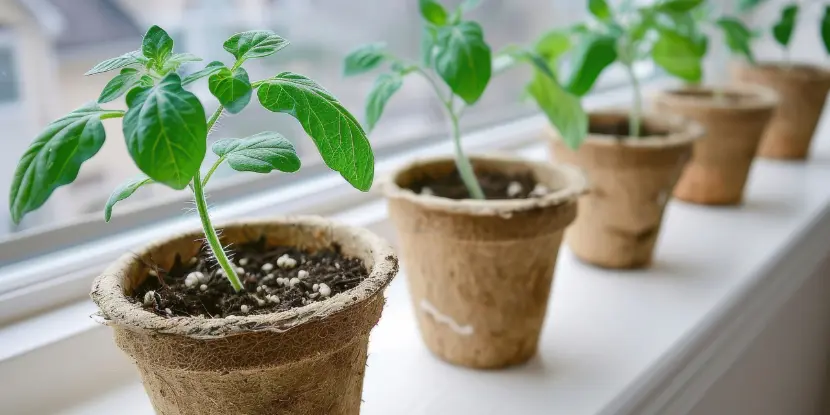 Tomato seedlings in peat containers