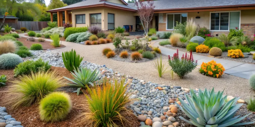 Xeriscaped yard with contrasting colors