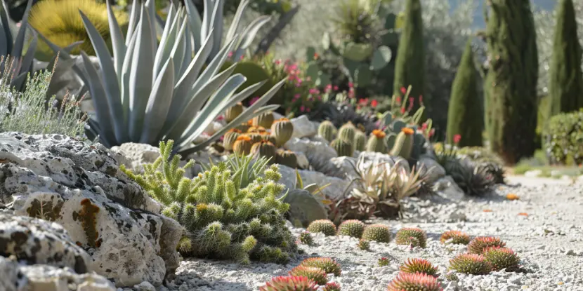 A low-maintenance yard with agave and cacti