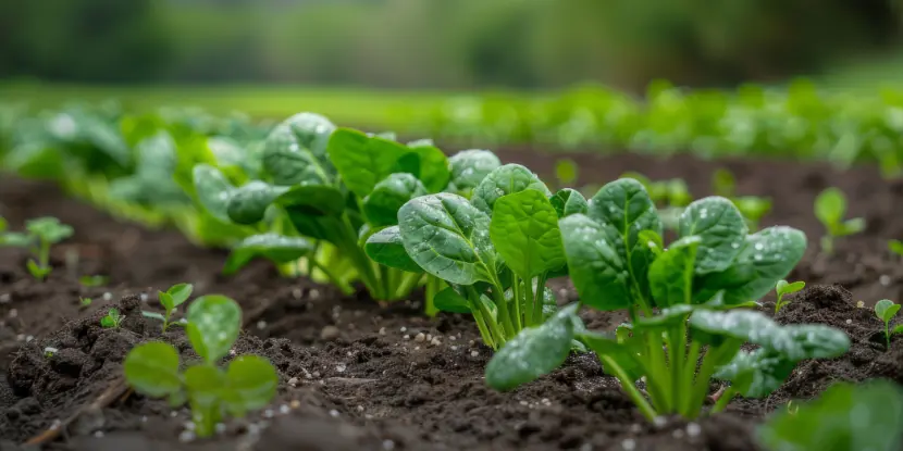 Young spinach plants in a field