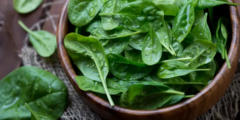 Baby spinach leaves in a wooden salad bowl