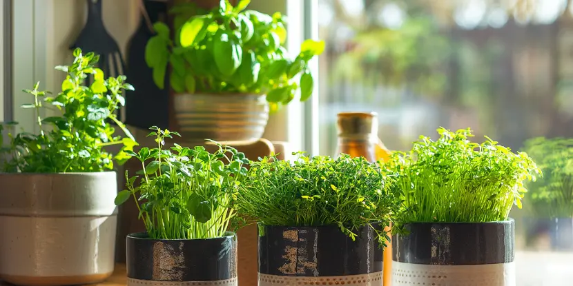 An indoor herb garden placed near a window