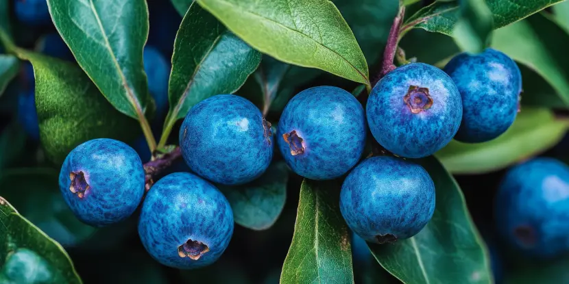 Close-up of ripe blueberries on the bush