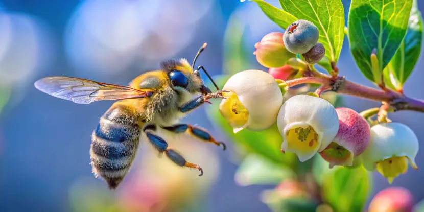 A bee pollinates a blueberry flower