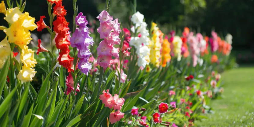 Flowering gladiolus plants line a yard