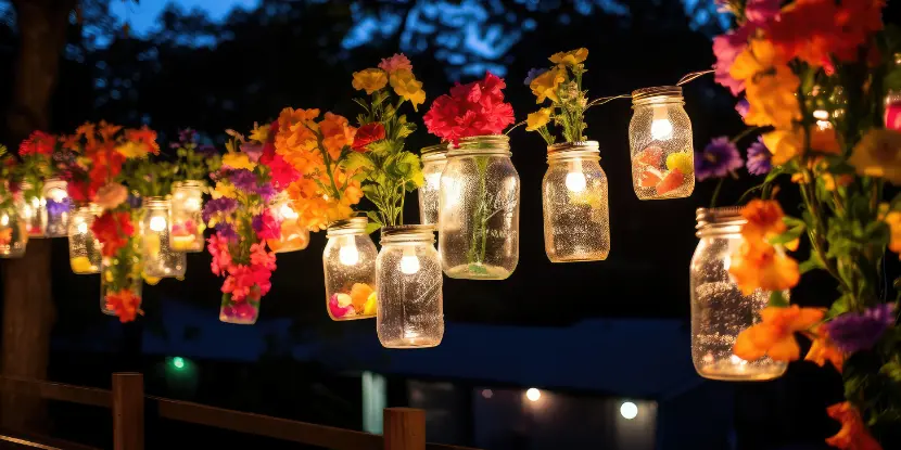 Mason jar lanterns decorated with flowers