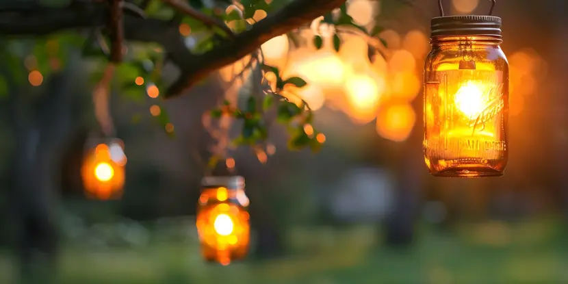 Mason jar lanterns hanging from tree branches