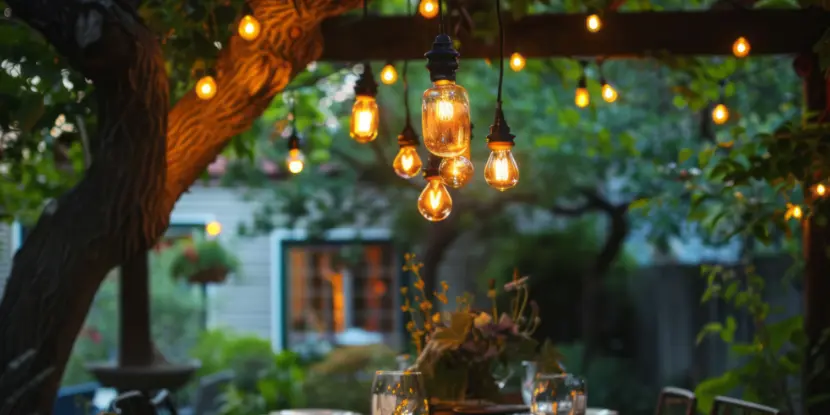 Large globe lights brighten an outdoor dining area