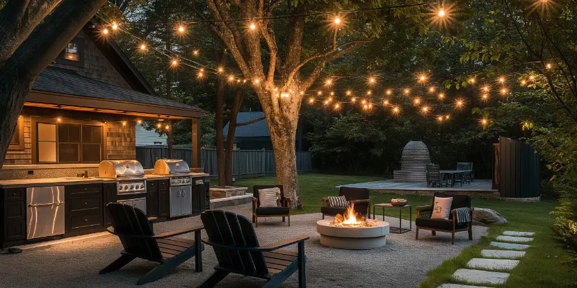 String globe lights enliven a fire pit area