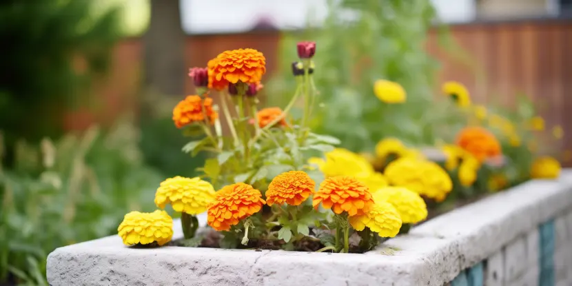 Marigolds in a raised planter