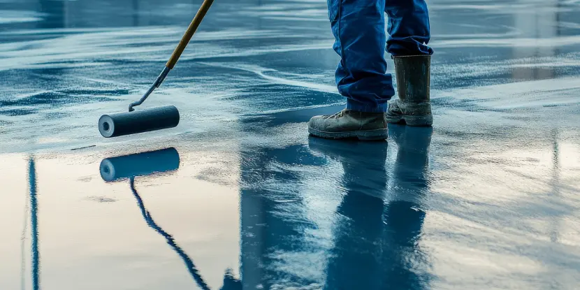 Man painting a garage floor with blue epoxy