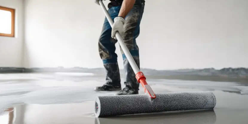 A man applying epoxy paint with a roller