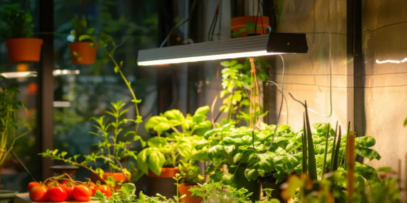 Tomatoes and herbs thrive under a grow lamp